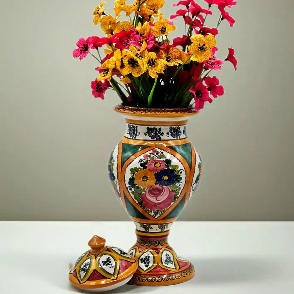Peruvian Majolica Floral Lidded Urn Vase Hand Painted FCA Pottery 11